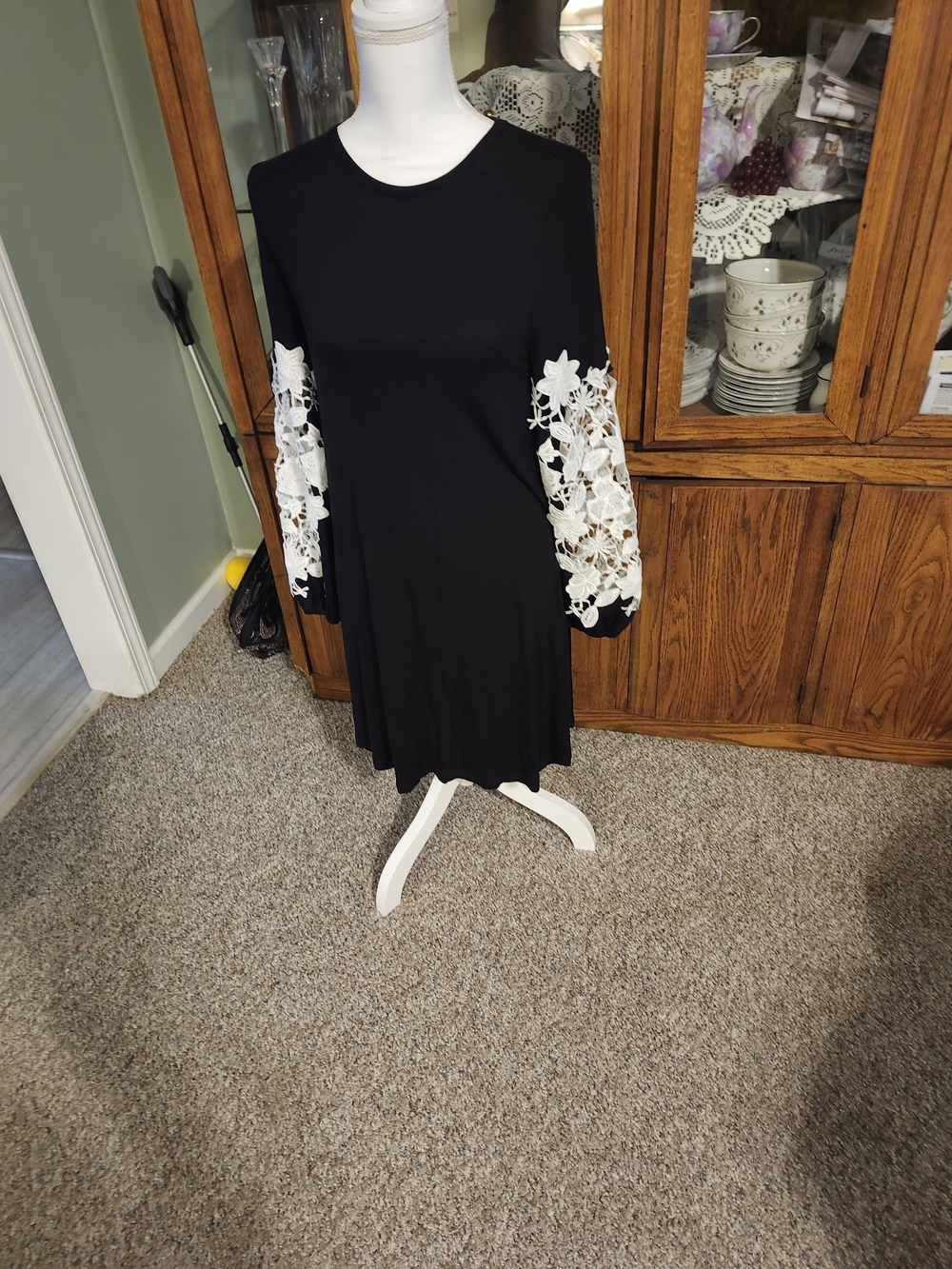 Design History Black Long Sleeve Dress with White Lace Floral Sleeves